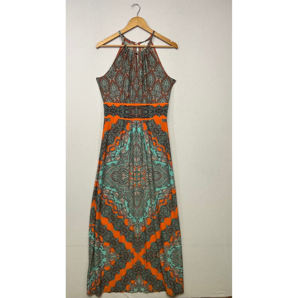 Boho Paisley London Times Women Size 10 Orange Teal Halter Maxi Dress